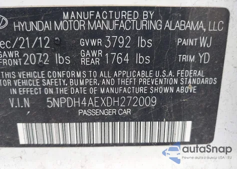 2013 Hyundai Elantra Gls z USA, uszkodzony, nr VIN 5NPDH4AEXDH272009